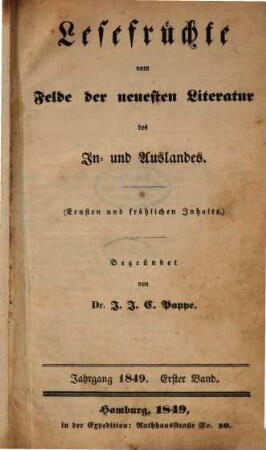 Lesefrüchte vom Felde der neuesten Literatur des In- und Auslandes. 1849,1
