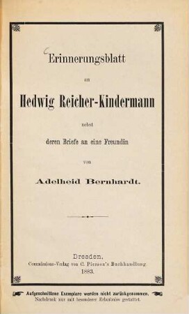 Erinnerungsblatt an Hedwig Reicher-Kindermann