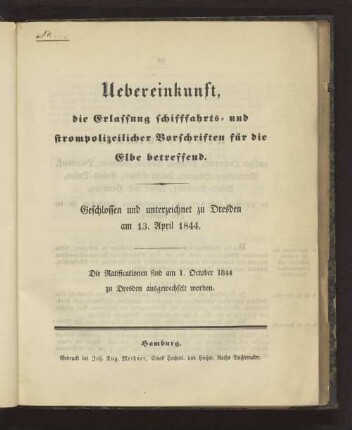 Uebereinkunft, die Erlassung schifffahrts- und strompolizeilicher Vorschriften für die Elbe betreffend