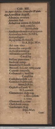 Cap. XIII. De Aquis destillat. Compositis & vinis