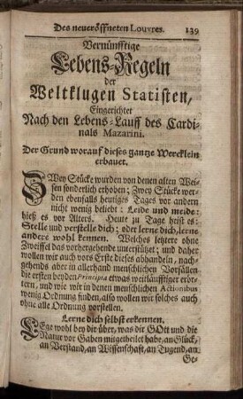 Vernünfftige Lebens-Regeln der Weltklugen Statisten, Eingerichtet Nach den Lebens-Lauff des Cardinals Mazarini.