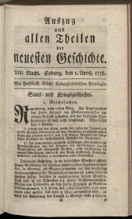 XIII. Nachl. Coburg, den 1. April, 1758.