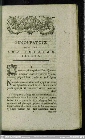 Xenokratus Peri Tēs Apo Enydrōn. Trophēs