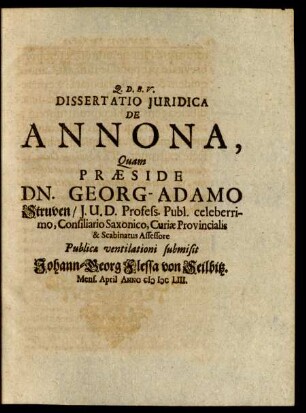 Dissertatio Iuridica De Annona, [...]