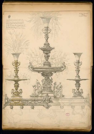 Tafelaufsatz Monatskonkurrenz Januar 1879: Ansicht Mittelaufsatz, Kerzenhalter, Obstschale, Bouquethalter 1:1; Erläuterungstext