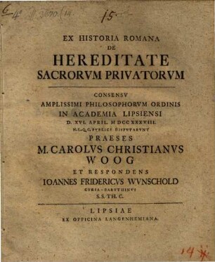 Ex Historia Romana De Hereditate Sacrorvm Privatorvm