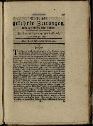 Sieben und zwanzigstes Stück, den 2ten Jul. 1791.