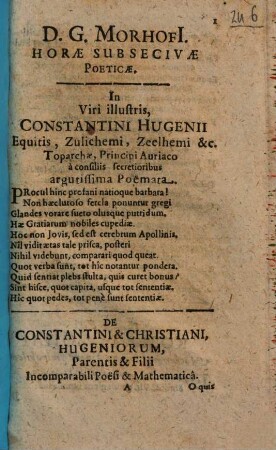 Danielis Georgi[i] Morhofi[i] Horae Subsecivae Poeticae