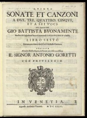 Giovanni Battista Buonamente: Sonate et canzoni a due, tre, quattro, cinque, et a sei voci ... libro sesto. Quinto