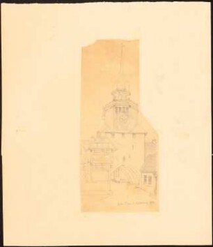 Das Hohe Tor, Schleswig: Durchzeichnung?: Perspektivische Ansicht des 1883 abgerissenen Stadttores mit Uhren- und Glockenturmaufsatz von der Langen Straße aus