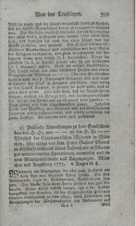 Prüfende Anmerkungen zu dem Sendschreiben des H. Hr. von - an den H. Hr. - (...) über einige von dem Herrn Gaßner Pfarrer in Klösterle während seines Aufenthalts in Ellwangen unternommene Operationen.