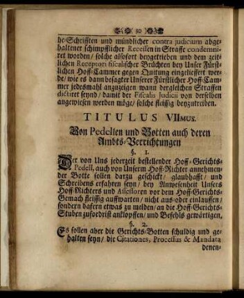Titulus VIImus. Von Pedellen und Botten auch deren Ambts-Verrichtungen