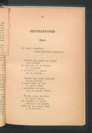 Chicharrones : Gato. - Al genial dramaturgo José González Castillo.