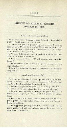 Agrégation des sciences mathématiques (concours de 1888).