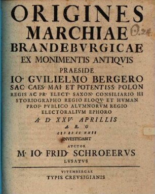 Origines Marchiae Brandeburgicae ex monimentis antiquis