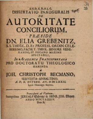 Dissertatio Inauguralis De Autoritate Conciliorum