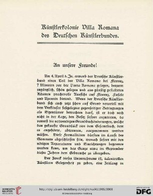 Künstlerkolonie Villa Romana des Deutschen Künstlerbundes. An unsere Freunde!