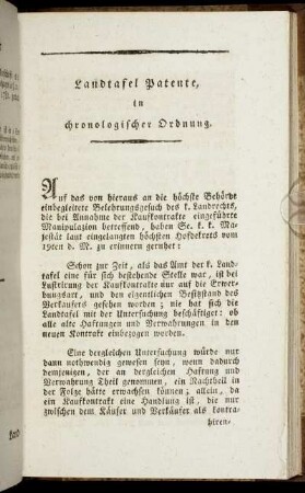 Landtafeln Patente, in chronologischer Ordnung.