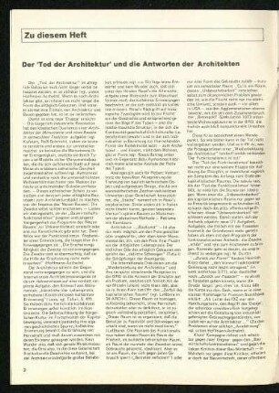 Zu diesem Heft: Der "Tod der Architektur" und die Antworten der Architekten