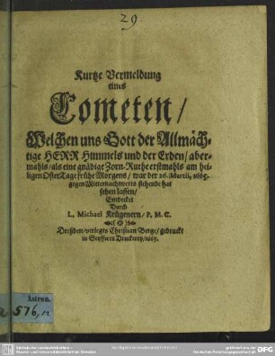 Kurtze Vermeldung eines Cometen