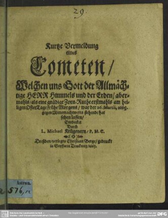 Kurtze Vermeldung eines Cometen