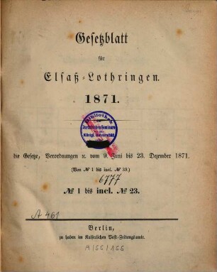 Gesetzblatt für Elsaß-Lothringen. 1871