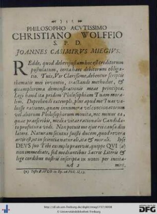 Philosopho Acutissimo Christiano Wolffio S. P. D. Joannes Casimirus Miegius.