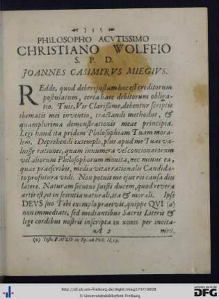 Philosopho Acutissimo Christiano Wolffio S. P. D. Joannes Casimirus Miegius.