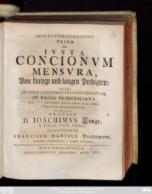 1: De Ivsta Concionvm Mensvra, Von kurtzen und langen Predigten