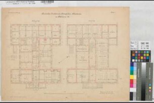 Münster (Münster) Chemisches Institut der Akademie Inventarienzeichnung Grundriß Keller und Erdgeschoß mit Leitungsanlage 1898 1 : 100 50 x 68 Lithographie: Bogdan Gisevius, Berlin KSM Nr. 1453,3