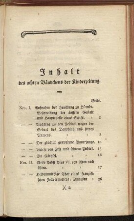 Inhalt des achten Bändchens der Kinderzeitung.