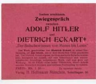 Werbeblatt für das Buch von Dietrich Eckart "Der Bolschewismus von Moses bis Lenin"