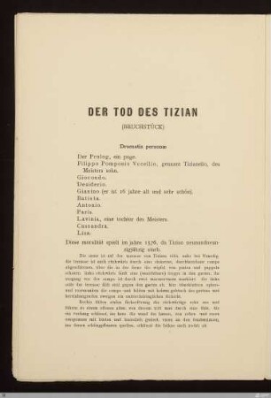 Der Tod des Tizian : (Bruchstück) / Hugo von Hofmannsthal