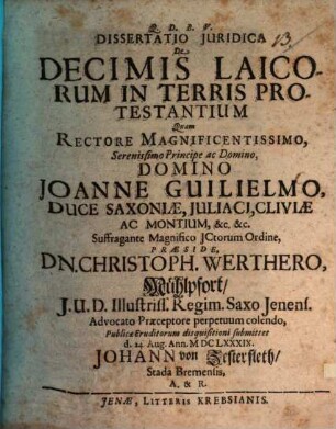 Dissertatio juridica de decimis laicorum in terris protestantium