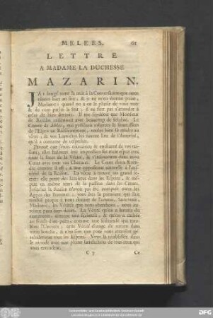 Lettre A Madame La Duchesse Mazarin.