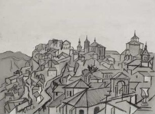 Konstruktive Stadtlandschaft vor Bergen
