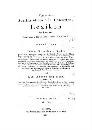 Allgemeines Schriftsteller- und Gelehrten-Lexicon der Provinzen Livland, Esthland und Kurland. 4, S - Z