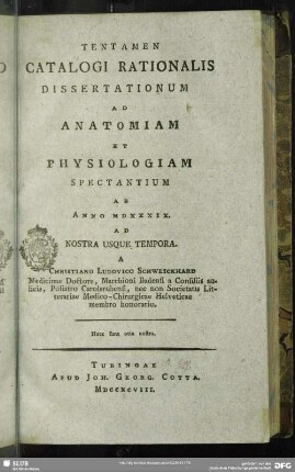 Tentamen Catalogi Rationalis Dissertationum Ad Anatomiam Et Physiologiam Spectantium Ab Anno MDXXXIX. Ad Nostra Usque Tempora