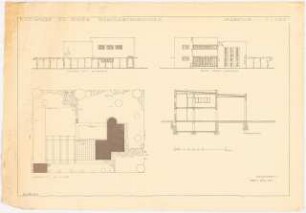 Gymnastikschule am See Monatskonkurrenz Dezember 1932: Lageplan 1:250; Aufriss Nordostansicht, Südwestansicht, Längsschnitt 1:100; Maßstabsleiste
