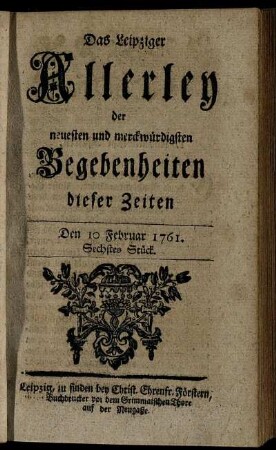 Den 10 Februar 1761. Sechstes Stück.