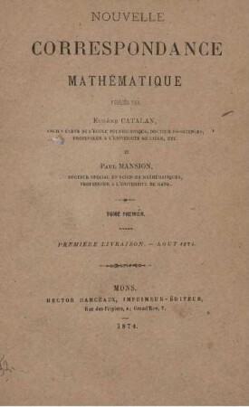 Tome premiér. Premiere livraison. - Aout 1874.
