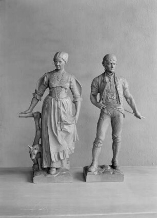 Skulptur einer Bauersfrau mit Ziege