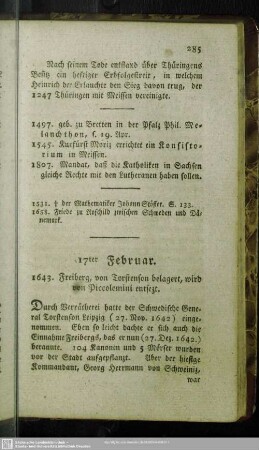 17ter Februar. 1643. Freiberg, von Torstenson belagert, wird von Piccolomini entsezt