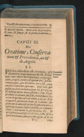 Caput III. De Creatione, Conservatione & Providentia, uti & de Angelis.