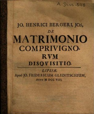 Jo. Henrici Bergeri, JCti, De Matrimonio Comprivignorvm Disqvisitio