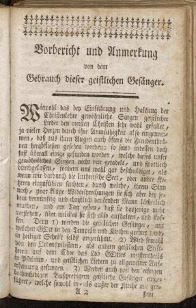 Vorberichzt und Anmerkung von dem Gebrauch dieser geistlichen Gesänger.