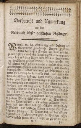 Vorberichzt und Anmerkung von dem Gebrauch dieser geistlichen Gesänger.