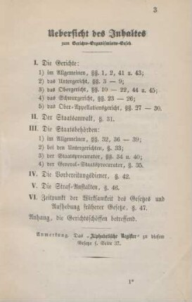 Uebersicht des Inhaltes zum Gerichts-Organisations-Gesetz