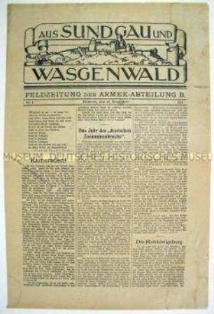 Erste Ausgabe der Feldzeitung "Aus Sundgau und Wasgenwald"