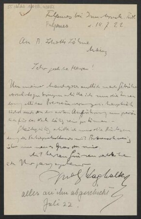 Brief an B. Schott's Söhne : 14.07.1922
